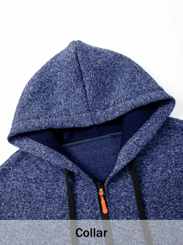 2Pcs Set Men Mid-Length Full Zip Hooded Jacket Fleece Lined Warm Coat with Drawstring Hood & Zipper Pockets Casual Outerwear for Fall Winter Daily Wear