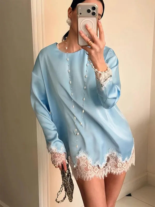 Women Light Blue Lace Satin Round Neck Dress Elegant Side Tie Long Sleeve Soft Short Gown 2026 Daily Vacation Party Sundress — image 3