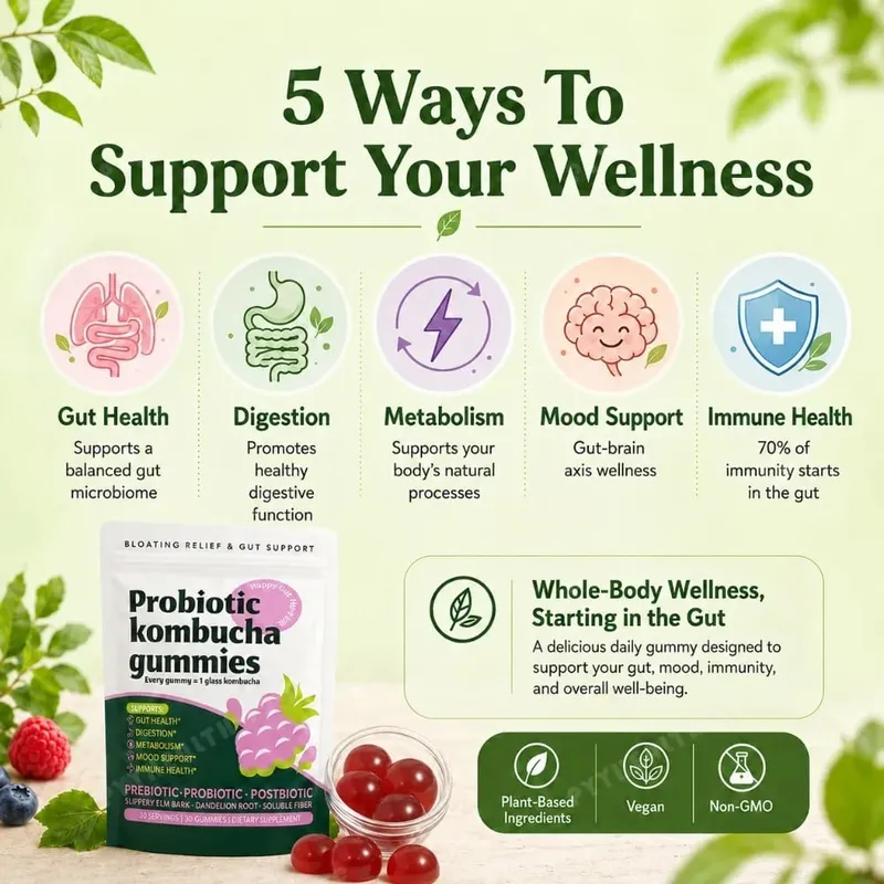 Probiotic Kombucha Gummies Every Gummy 1 Glass Kombucha Prebiotic Postbiotic Digestive Gut Health Vegan Berry Bliss 30 Gummies