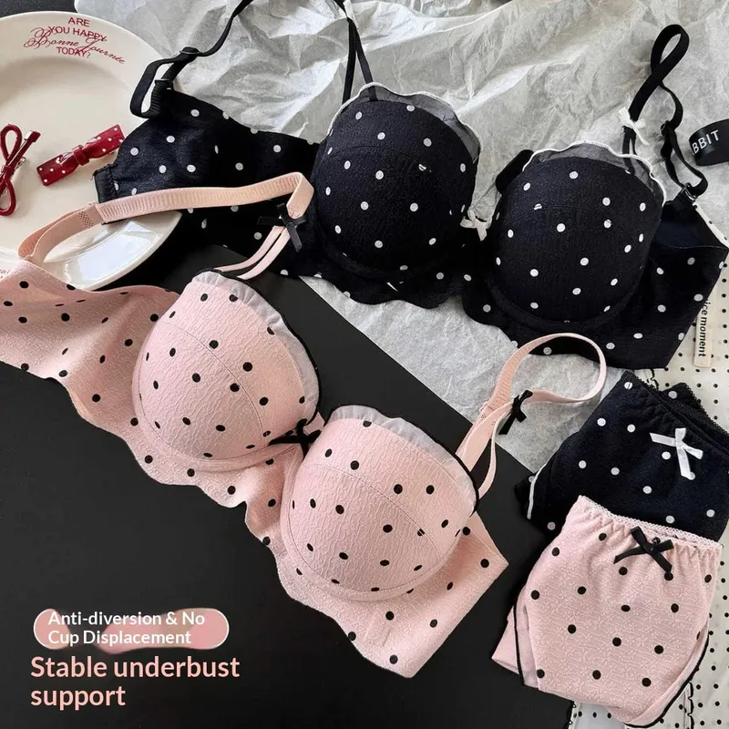 Sutiã de bolinhas de renda conjunto de duas peças pequeno busto coleta anti-flacidez lado mama coleção confortável conjunto de lingerie sem fio — image 3