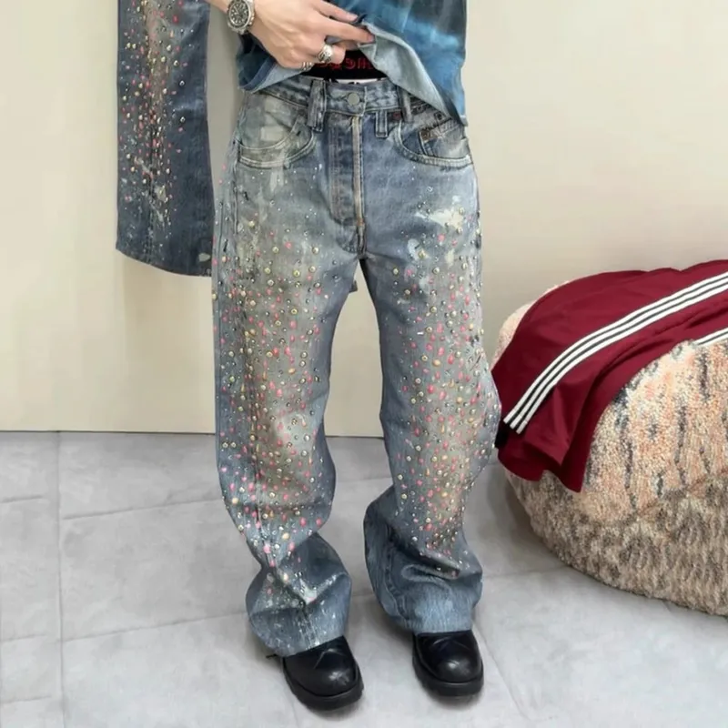 3D Printed Full Diamond Jeans for Men Straight Washed Distressed Shinning Diamon Denim Trousers Hip Hop Loose Baggy Jean Pants — image 4