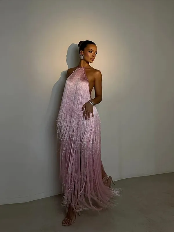 Party Women's Dress Halter Sleeveless Backless Tassel Solid Female Long Holiday Dresses 2026 Summer Fashion Elegant Lady Robe — image 2