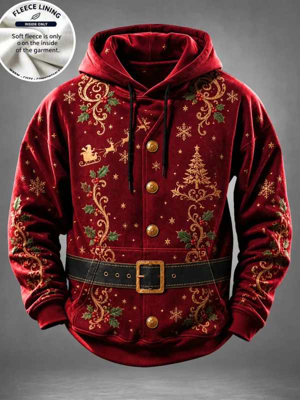 Men Fleece Lined Hoodie Christmas Santa Costume Pattern Print Pullover Hooded Sweatshirt Winter Top