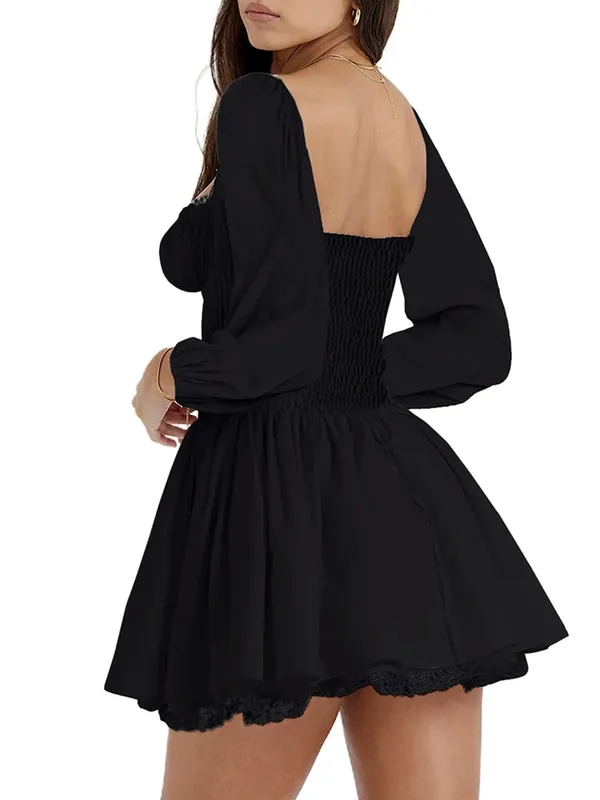 Mini robe à volants pour femmes, col carré, avec corset à lacets, ceinture évasée, manches longues, Vintage, motif Floral, ligne a, robes trapèze