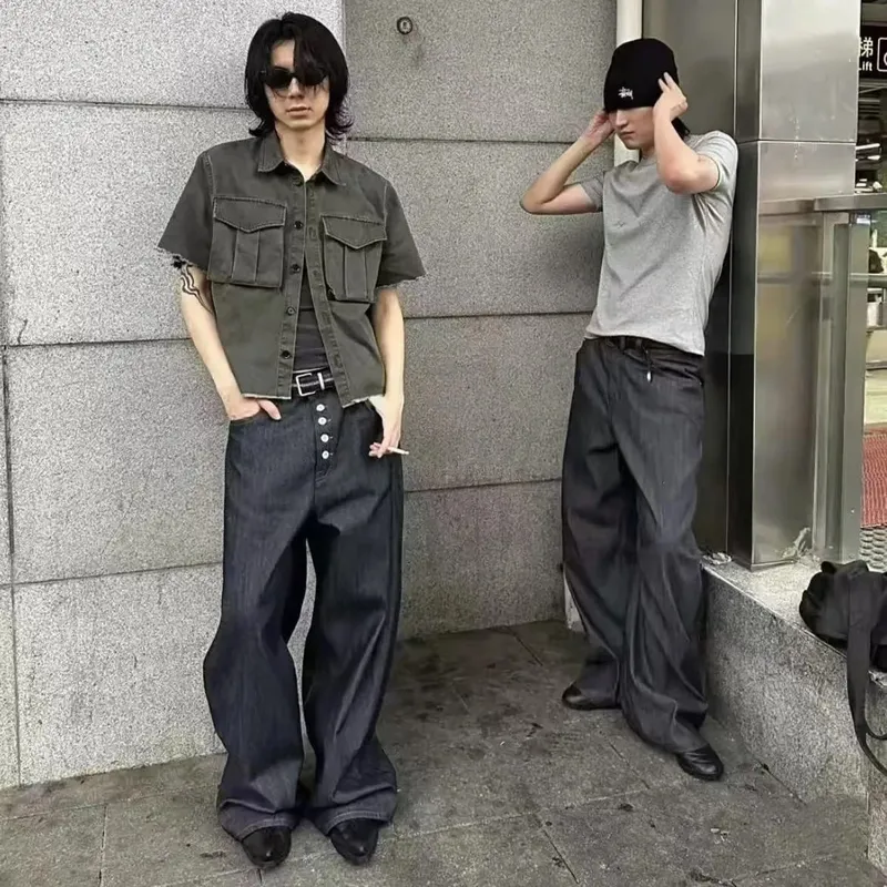 Button Design Machete Denim Baggy Jeans Men's High Street Edge Selvedge Niched Hiphop Loose Long Wide Leg Pants 12377