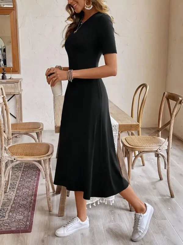 Slim Round Neck Short Sleeve Hanging A-Line Mid Length Skirt Daily Commuting Dress Simple And Elegant Women's Fashion — image 4