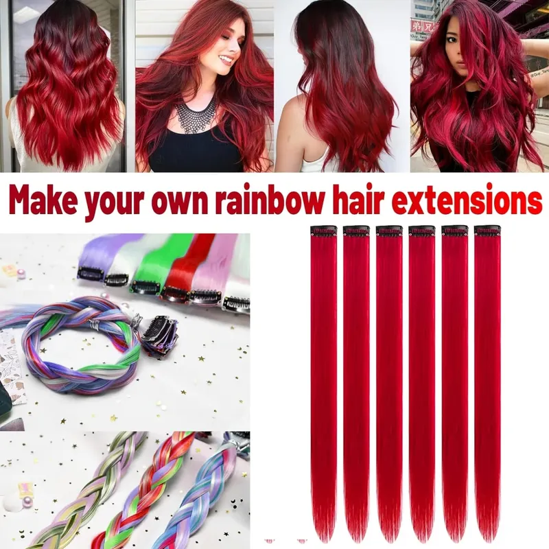 12PCS/Pack Colored Party Highlights Clip in Hair Extensions for Girls 22 Inches Omber Colors Straight Hair Synthetic Hairpieces — image 4