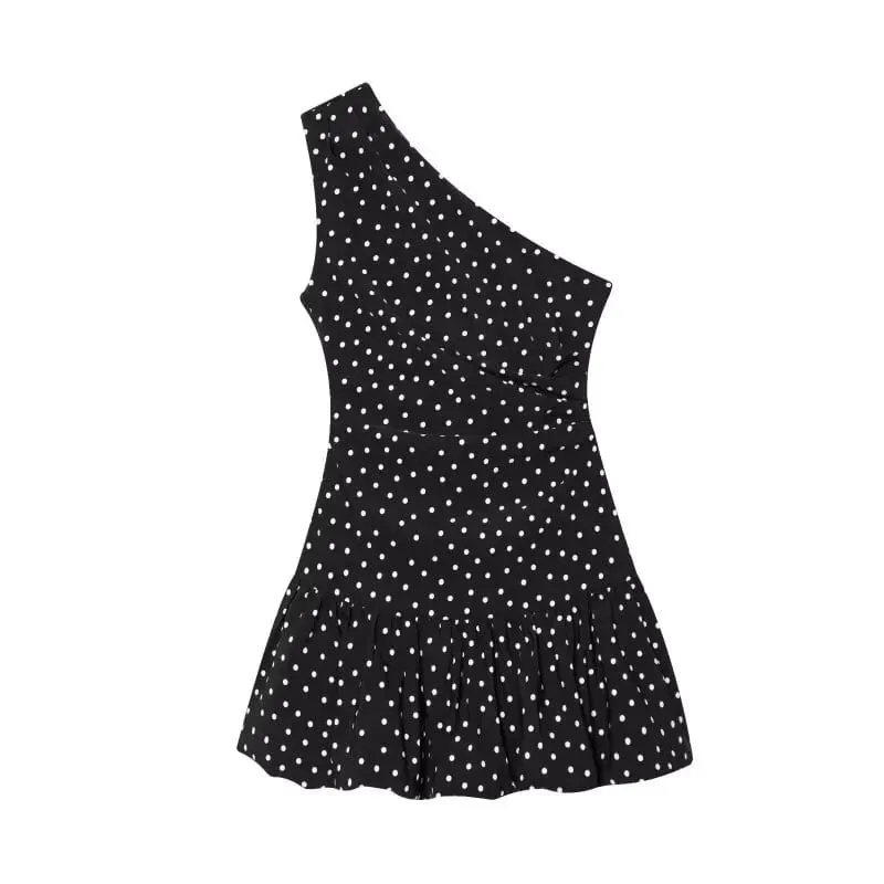 Women One Shoulder Sleeveless Polka Dot Mini Dress Ruched Waist Ruffle Hem Elegant Casual Party Short Dress Spring Summer — image 6