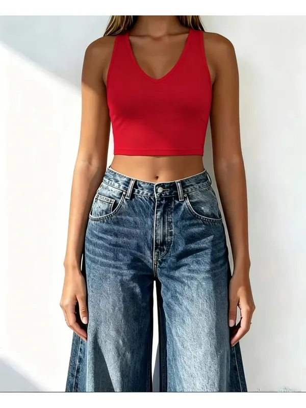 3PC Women's Casual Elegant Solid Color Short Cut with Belly Button V-Neck Sleeveless Vest Top Three Piece Set — image 4