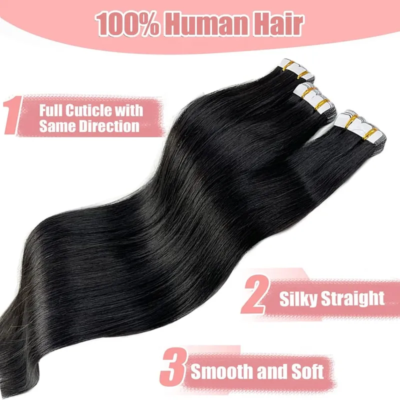 Straight Mini Tape In Human Hair Extensions Seamless Mini Tape 100% Natural Real Invisible Adhesive Tape Ins For Women 26 Inches — image 3
