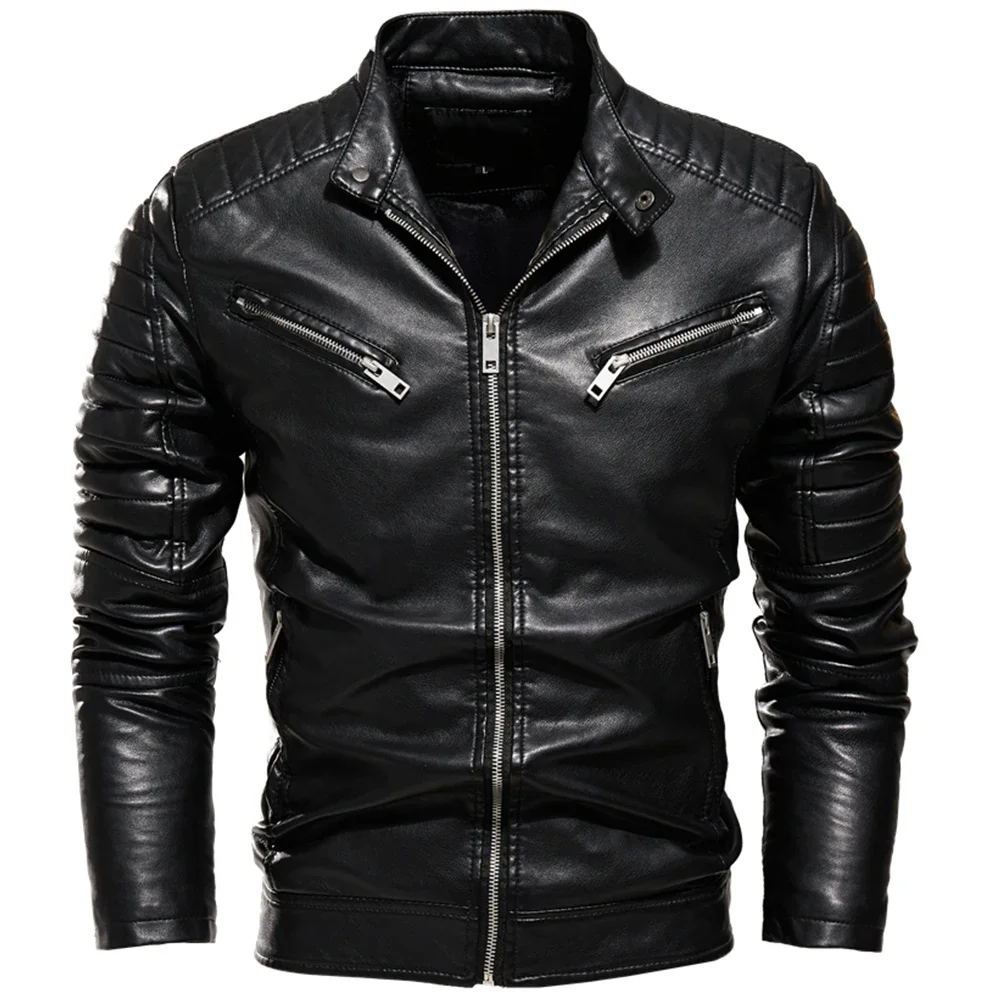 2025 Winter Black Leather Jacket Men Fur Lined Warm Motorcycle Jacket Slim Street Fashion BLack Biker Coat Pleated Design Zipper
