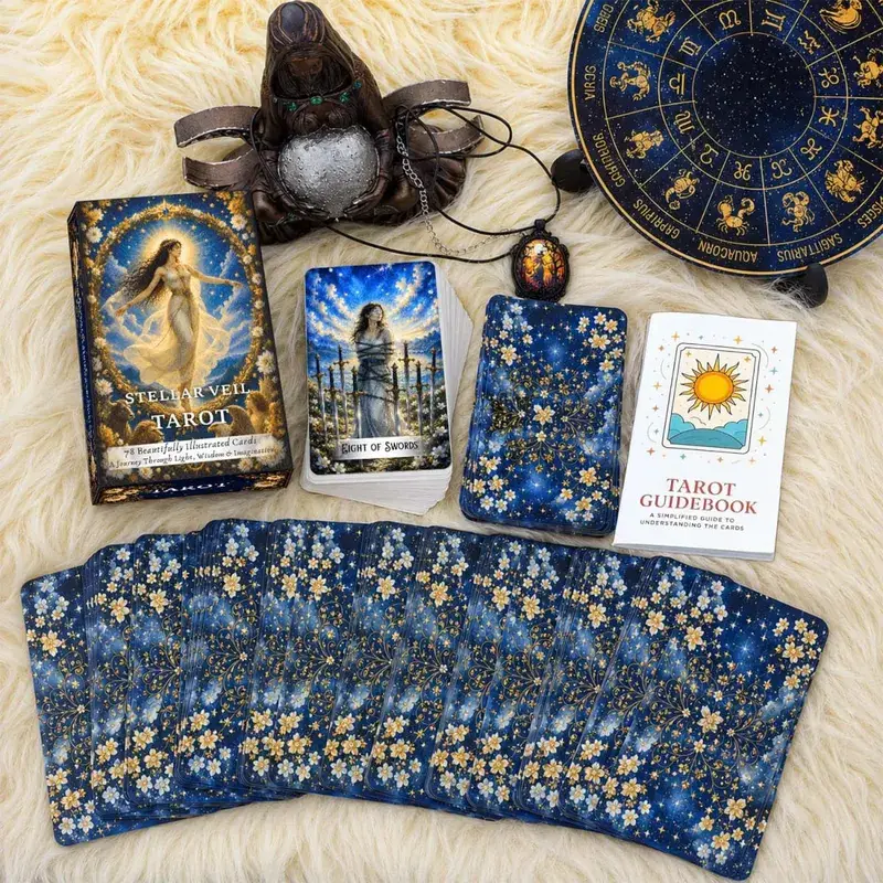 78 ไพ่ทาโรต์ 13x8 ซม. Stellar Veil Tarot Deck กระดาษคู่มือการออกแบบสัญลักษณ์ที่ไม่ซ้ำกัน Tarot Experience การ์ดเกม