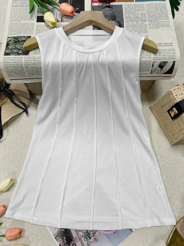 2026 Spring/Summer New Pure Color Round Neck Wrinkle Knit Vest for Women; In Stock — image 5