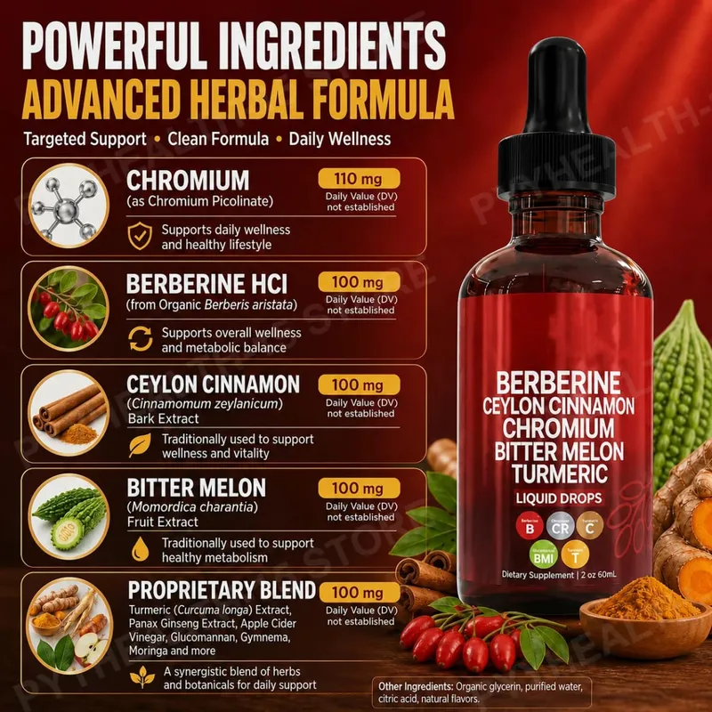 Berberine HCl & Ceylon Cinnamon Liquid Drops with Chromium and Turmeric for Energy Vitality & Metabolism Support 60 mL