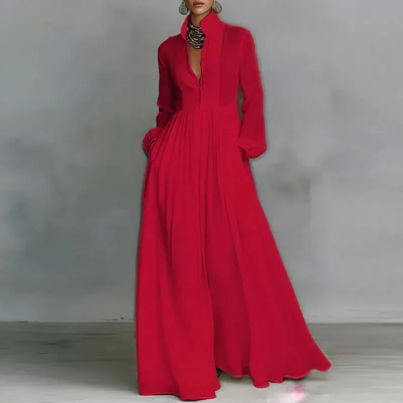 Francouzské elegantní swingové dlouhé šaty s vysokým pasem žena jarní plné kapsy plisované maxi šaty podzimní večerní šaty s dlouhým rukávem