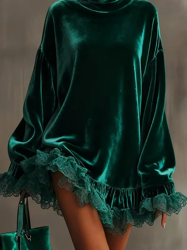 Luxury Turtleneck Solid Velvet Evening Dress Women Sexy Patchwork Lace Long Sleeve Ruffle Autumn Loose Banquet Party Dress — image 3