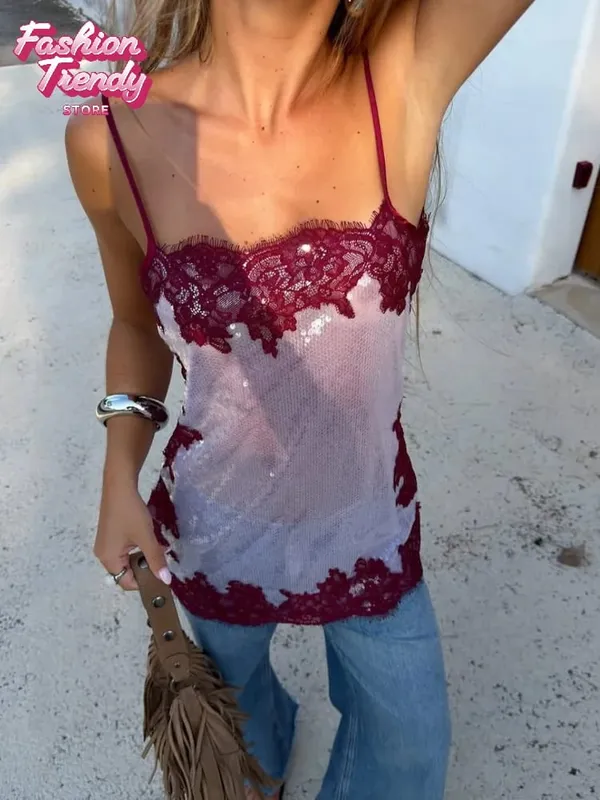 Sequined Lace Trim Slip Mini Dress Women Chic Spaghetti Strap Sleeveless High Waist Slim Short Dresses Lady Vacation Outfit New