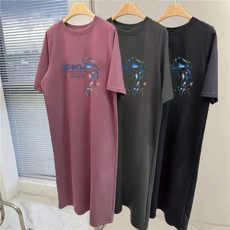 Korean Casual Maxi Tee Dress Blue Dolphin JEANS Letter Print White Loose Short Sleeve Long T-shirt Dress — image 3