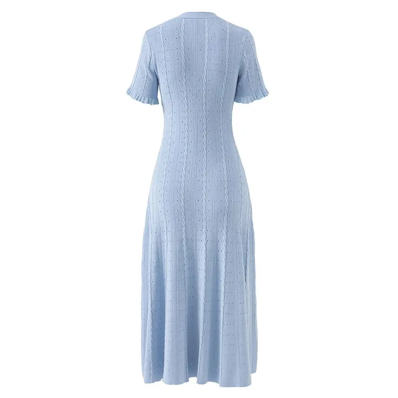 Summer Elegant Lady Knitted Single Breasted Long Dresses Women Solid Short Sleeve O Neck Button Bodycon Party Female Vestidos