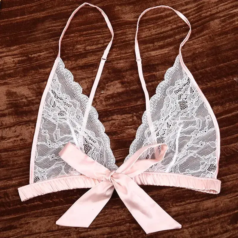Pakaian Dalam Seksi Perancis Lace Ruffles Bra dan Seluar Dalam Tanpa Wayar dengan Set Pakaian Dalam Garter Godaan Melihat Melalui Set Bra Ultra Nipis