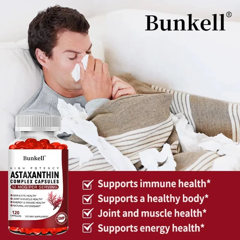 Bunkell Vegan Astaxanthin s rybím olejem a antioxidantem z antratického krilového oleje podporuje oční pokožku a buněčné zdraví Kapsle bez GMO