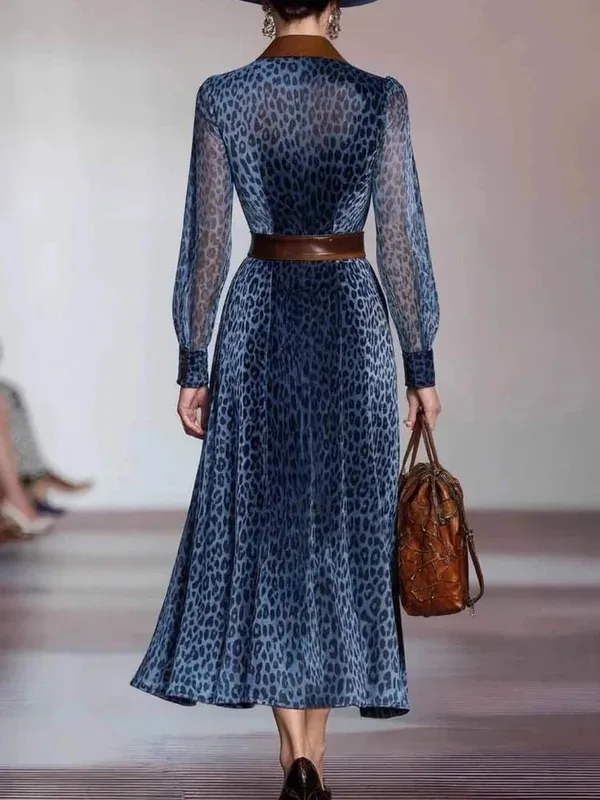 Women Elegant Dress Leopard Printed Mesh Dress Colorblock Lapel Collar Single Breasted Vintage Chic Long Sleeve Dress — image 3