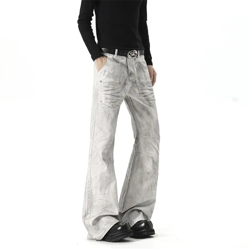 Men White‑Grey Washed Flare Jeans Embossed Pattern Rivet Decor Loose Floor‑Length Y2K Streetwear Denim Trousers 9X4397