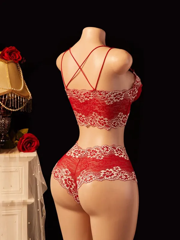 Colorblock Lace Lingerie Set Sheer Deep V Bralette Criss Cross Open Back Strappy Boudoir 2PC