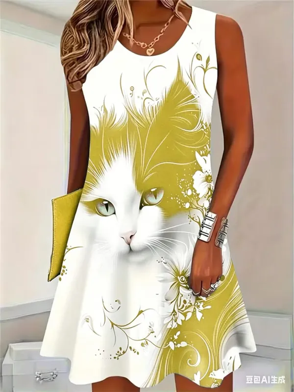 2026 New Fashion Cat Pattern Women Mini Dresses Summer Sleeveless 3D Printed Street Hip Hop Ladies Dress 3XL Plus Size Dress — image 8