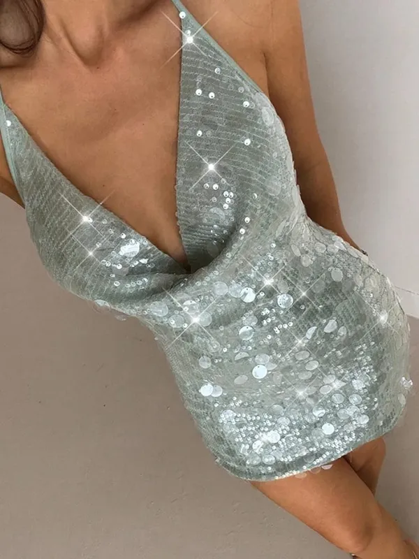 Women Chic Sequin Spaghetti Strap Mini Dress Lightweight Sexy Lace Trim Slimming Sleep Dresses 2026 Summer Beach Vacation Wear