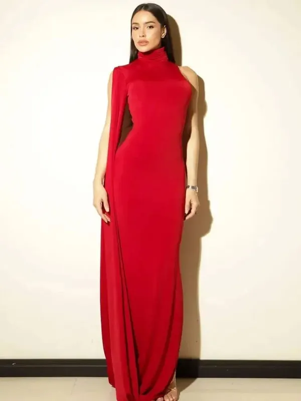 Blifanbo Split Turtleneck Sexy Maxi Dress Women Gown One-shoulder High Waist Bodycon Solid Fashion Club Party Long Dress Elegant
