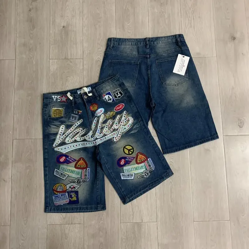 New Y2K Colorful Rhinestone VALLEY Embroidery Patch Label Denim Shorts Jorts Men Women High Quality Loose Straight Short Jeans