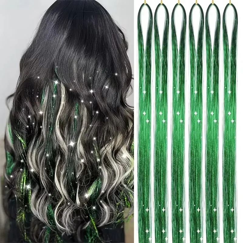 6pcs/set 38Inch Long Sparkling Fairy Hair Tinsel Rainbow Extensions Suitable for Braids Ponytails Shiny Strands Accessories