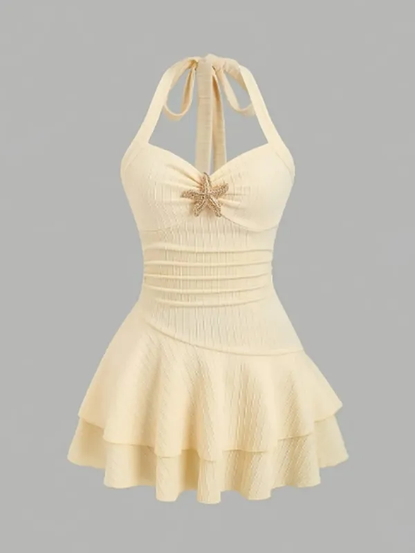 White Halter Neck Mini Dress Women's Ruffled Starfish Embellished Summer Casual Evening Gown — image 7
