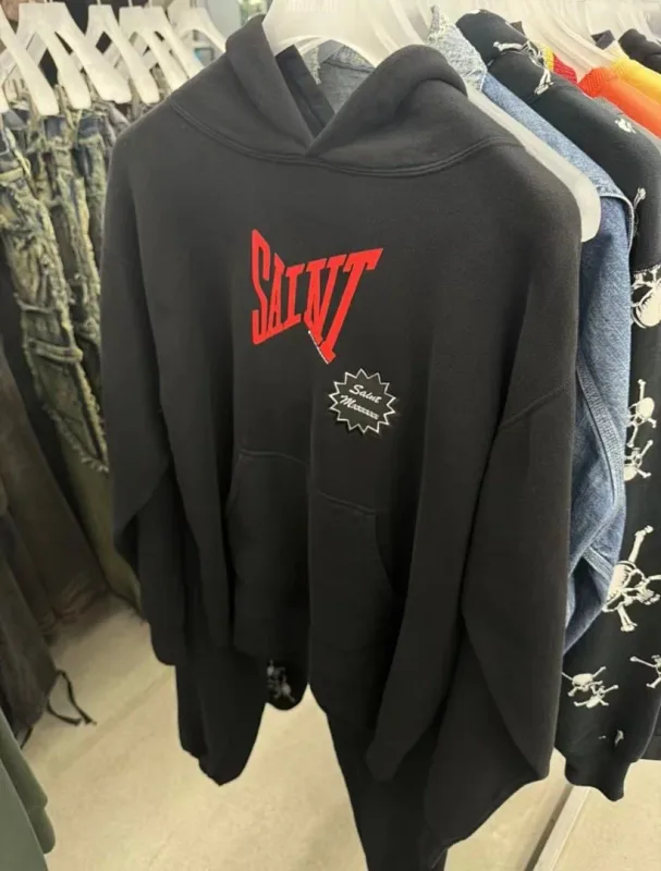24FW SAINT Vintage Angel Printed Distressed Women Men Hooded Sweatshirt Hoodies Oversized Men Casual Cotton Pullover Hoodie