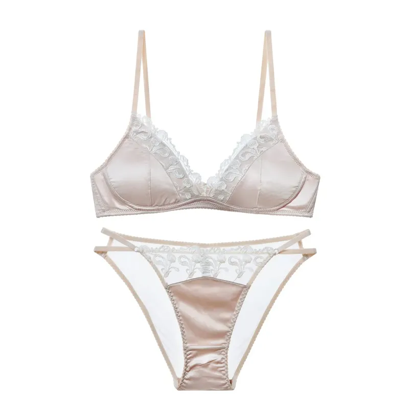 French Style Lingerie Set for Women Thin Non-Wired Triangle Cup Bra Lace & Embroidery Design
