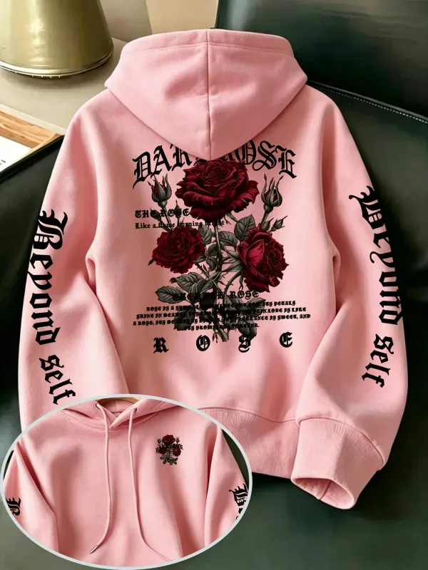 Men's Gothic Rose Hoodie Dark Red Rose Letter Graphic Back Sleeve Print Vintage Oversized Pullover Sweatshirt Streetwear Autumn — image 3