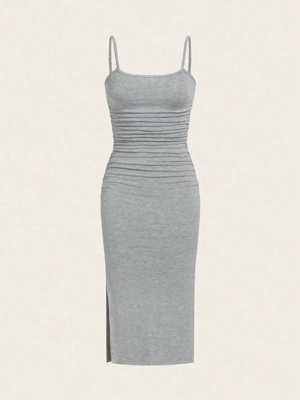 Women Spaghetti Strap Midi Dress Ruched Side Bodycon Slit Cami Pencil Midi Dress — image 3