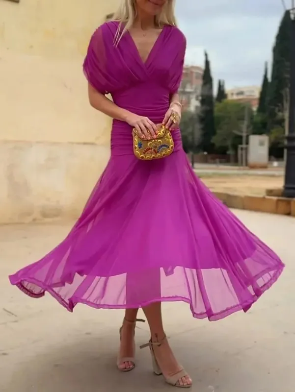 Women Solid Deep V-neck Mesh Long Dress Elegant Puff Short Sleeve Ruched Waist High Vestidos 2026 Summer Lady Casual Street Robe — image 9