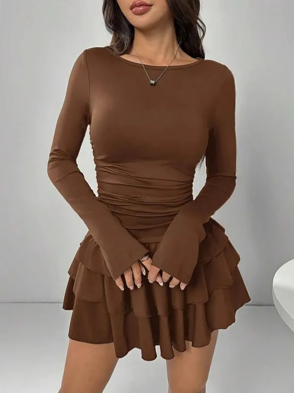 Autumn Winter Solid Color Slim Fit Cascading Ruffles Mini Dress Women Elegant Flare Sleeve High Waist Sexy Party Bodycon Dresses — image 5