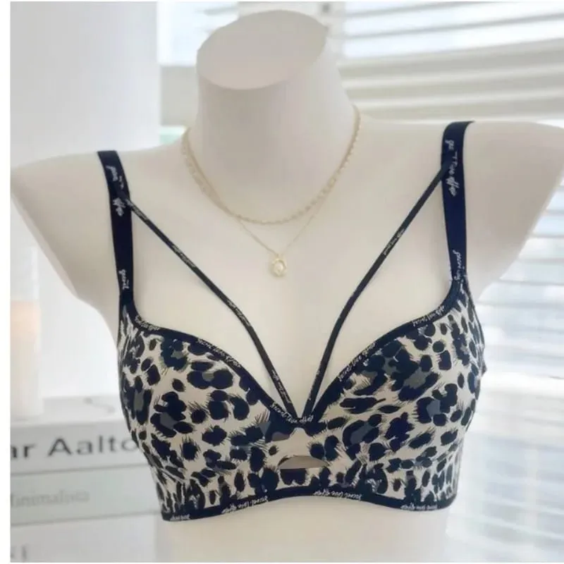 Stylish Leopard Print Seamless Wireless Lingerie Thin Comfortable Gather Small Breast Pretty Breast Shape Casual Wear S-XL Suit