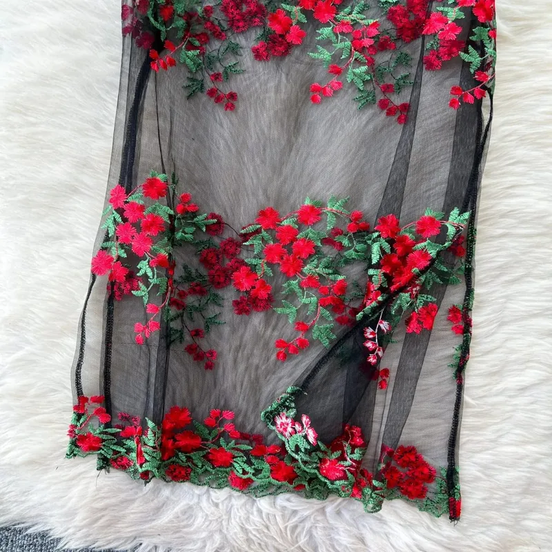 Woman Embroidery Floral Mesh Fashion Sexy Dress Chinese Style Short Sleeve Split Hollow Out Cheongsam New Gauze Sheer Dress — image 5