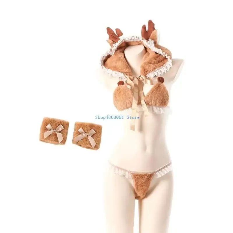 T3LC 4Pcs Anime Lingerie Set Deer Cosplay Lingerie Costume Cap Wrist Cuffs Bra Top — image 2