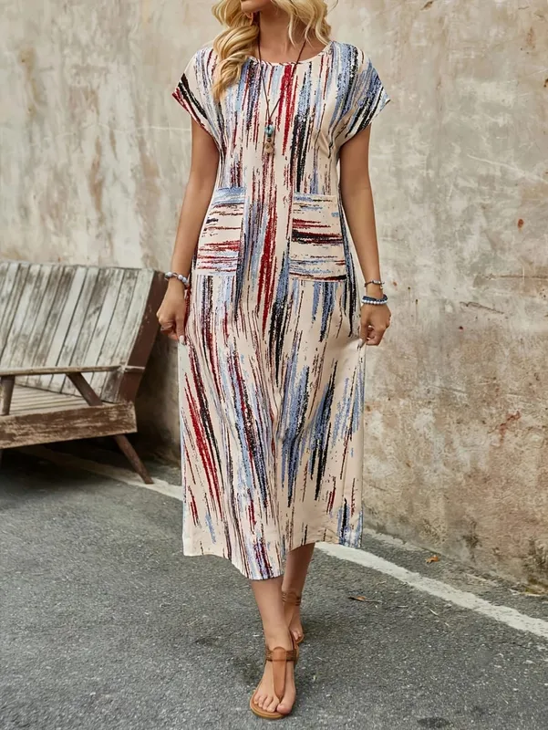 Elegant Directional Round-Neck Double Pocket Colored Stripe Long Summer Dress — image 2