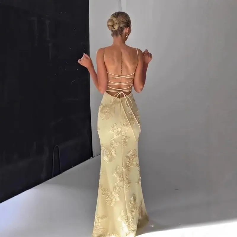 Mingmingxi Women Maxi Backless Dress Sexy 3D Floral Embroidery Mermaid Gown Yellow Formal gala Prom Party Dress Long