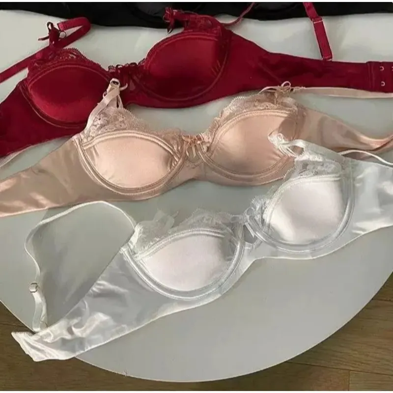 Women Bridal Red Bra Set Thin Minimizer Big Bust French Half Cup Sexy Lace Lingerie Underwear For Holiday Wedding