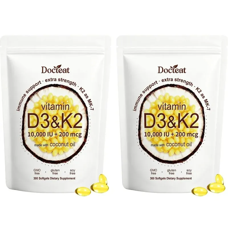 Docteat Vitamin D3 & K2 Softgels with Immune Support and Bone Health Coconut Oil GMO Free Gluten Free Soy Free 300 Softgels