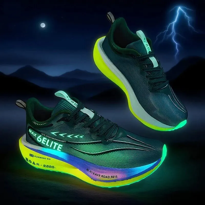 Men's Carbon Plate Sports Shoes Anti-slip Cushioned Elastic Running Sneakers for Couple Teenager Training Lightweight Breathable