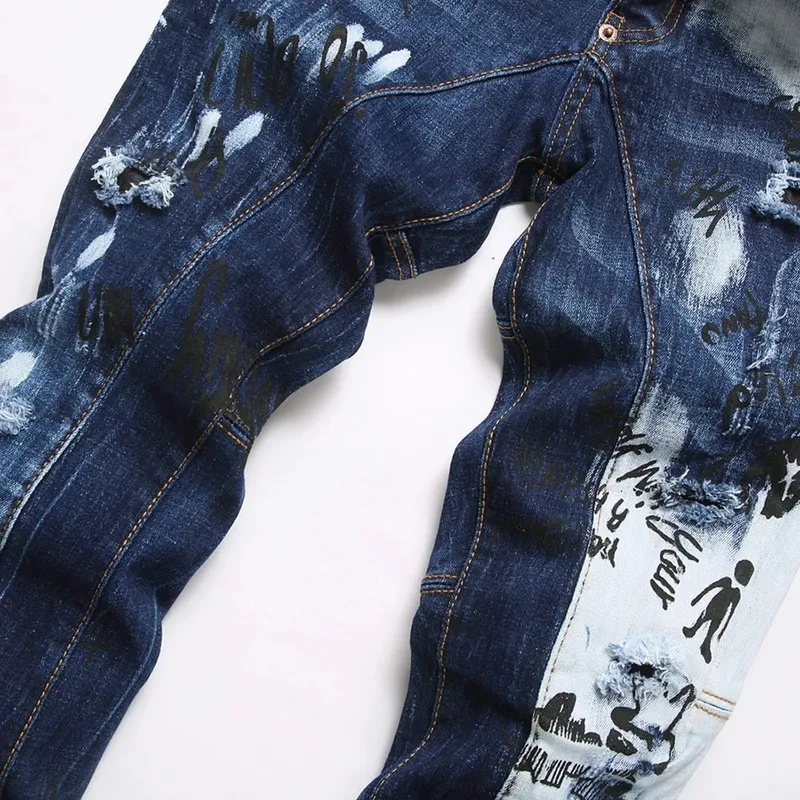 Men Letters Printed Denim Jeans Holes Ripped Patchwork Spliced Pants Button Fly Slim Tapered Stretch Trousers — image 3