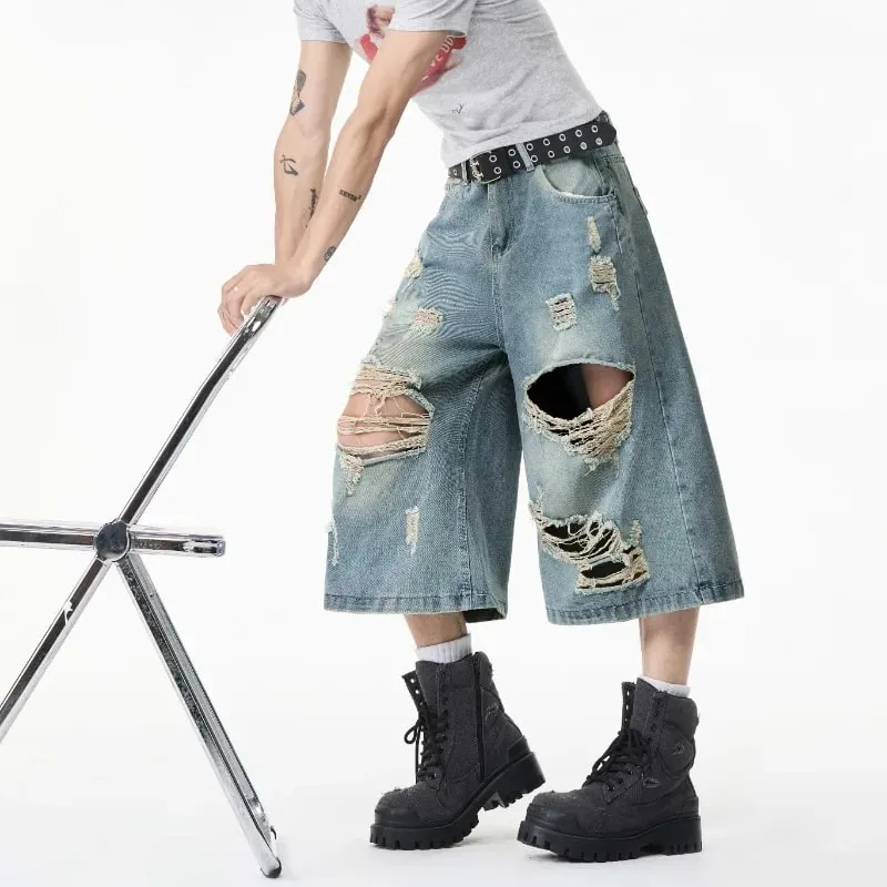 Summer Trendy Men Jeans Ripped Loose Casual Man Pants Artistic Design Cropped Long Denim Trousers — image 3